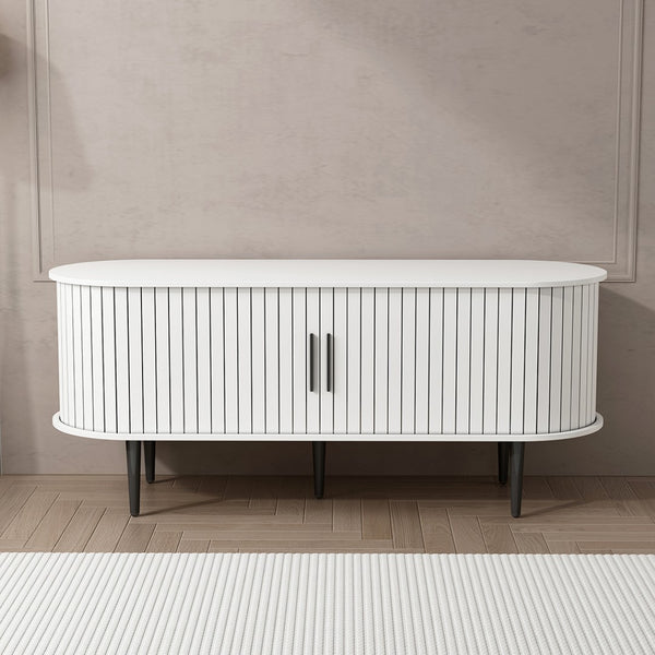 English Elm Tv Console with Sliding Door Fluted Mid-century Cabinet Woodgrain Media Storage Stand White W2641P499657