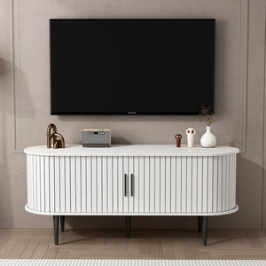 English Elm Tv Console with Sliding Door Fluted Mid-century Cabinet Woodgrain Media Storage Stand White W2641P499657
