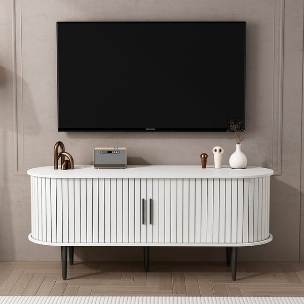 English Elm Tv Console with Sliding Door Fluted Mid-century Cabinet Woodgrain Media Storage Stand White W2641P499657