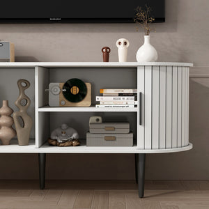 English Elm Tv Console with Sliding Door Fluted Mid-century Cabinet Woodgrain Media Storage Stand White W2641P499657