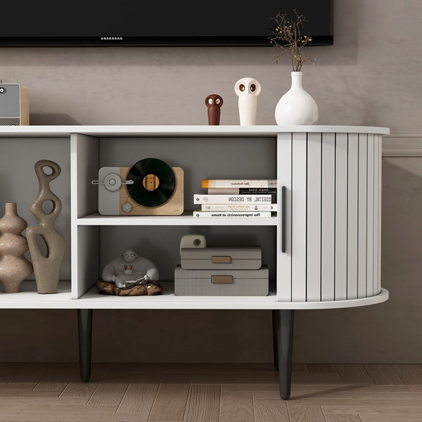 English Elm Tv Console with Sliding Door Fluted Mid-century Cabinet Woodgrain Media Storage Stand White W2641P499657