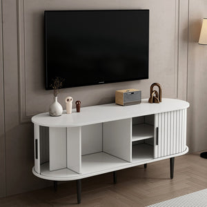 English Elm Tv Console with Sliding Door Fluted Mid-century Cabinet Woodgrain Media Storage Stand White W2641P499657