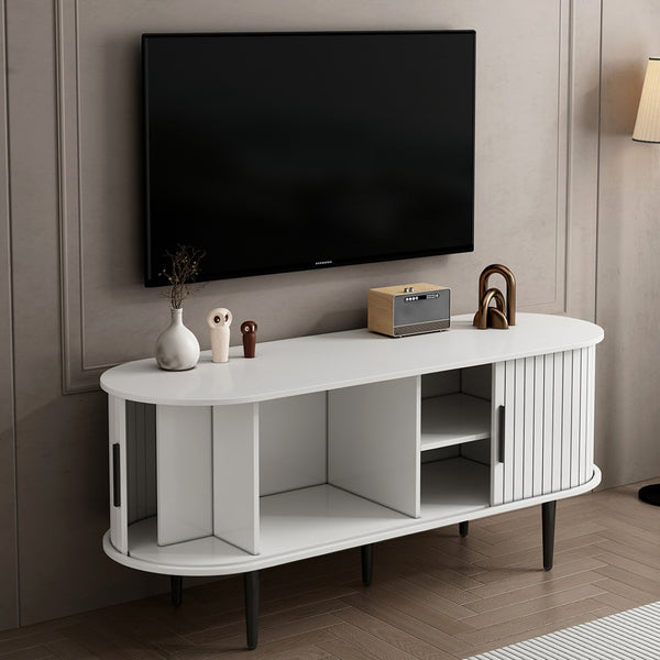 English Elm Tv Console with Sliding Door Fluted Mid-century Cabinet Woodgrain Media Storage Stand White W2641P499657