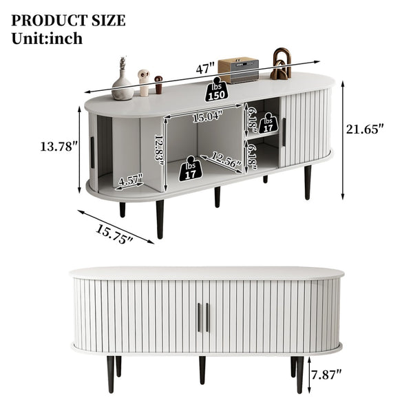 English Elm Tv Console with Sliding Door Fluted Mid-century Cabinet Woodgrain Media Storage Stand White W2641P499657