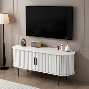 English Elm Tv Console with Sliding Door Fluted Mid-century Cabinet Woodgrain Media Storage Stand White W2641P499657