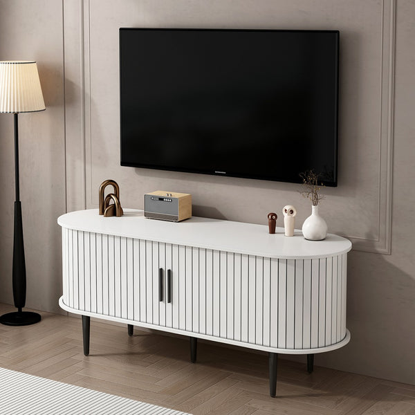 English Elm Tv Console with Sliding Door Fluted Mid-century Cabinet Woodgrain Media Storage Stand White W2641P499657