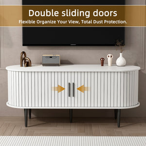English Elm Tv Console with Sliding Door Fluted Mid-century Cabinet Woodgrain Media Storage Stand White W2641P499657