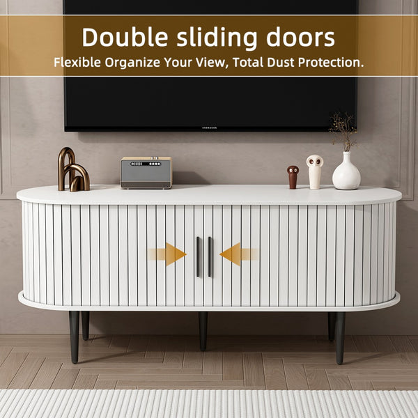 English Elm Tv Console with Sliding Door Fluted Mid-century Cabinet Woodgrain Media Storage Stand White W2641P499657