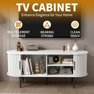 English Elm Tv Console with Sliding Door Fluted Mid-century Cabinet Woodgrain Media Storage Stand White W2641P499657
