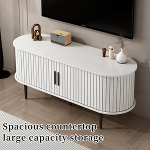 English Elm Tv Console with Sliding Door Fluted Mid-century Cabinet Woodgrain Media Storage Stand White W2641P499657
