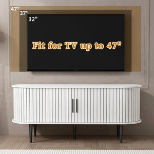 English Elm Tv Console with Sliding Door Fluted Mid-century Cabinet Woodgrain Media Storage Stand White W2641P499657