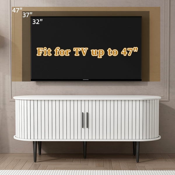 English Elm Tv Console with Sliding Door Fluted Mid-century Cabinet Woodgrain Media Storage Stand White W2641P499657