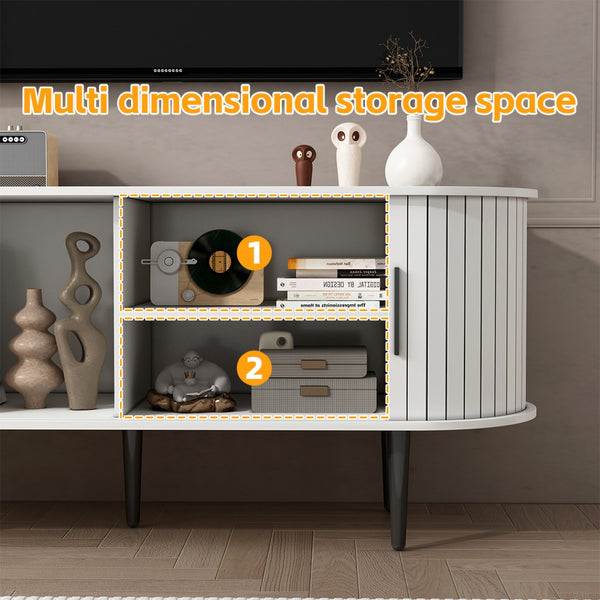 English Elm Tv Console with Sliding Door Fluted Mid-century Cabinet Woodgrain Media Storage Stand White W2641P499657