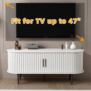 English Elm Tv Console with Sliding Door Fluted Mid-century Cabinet Woodgrain Media Storage Stand White W2641P499657