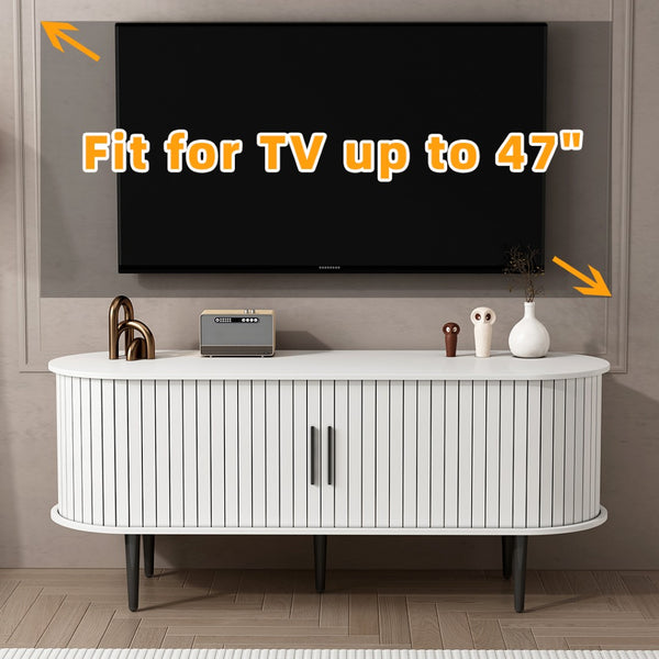 English Elm Tv Console with Sliding Door Fluted Mid-century Cabinet Woodgrain Media Storage Stand White W2641P499657