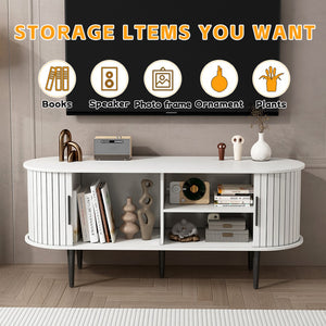 English Elm Tv Console with Sliding Door Fluted Mid-century Cabinet Woodgrain Media Storage Stand White W2641P499657