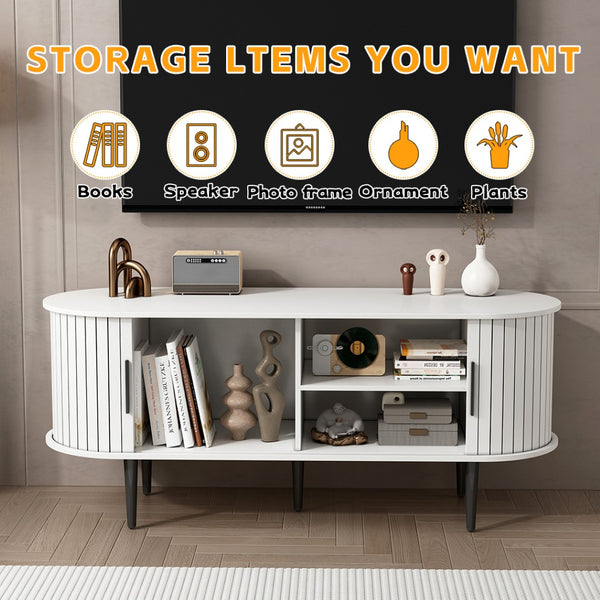 English Elm Tv Console with Sliding Door Fluted Mid-century Cabinet Woodgrain Media Storage Stand White W2641P499657
