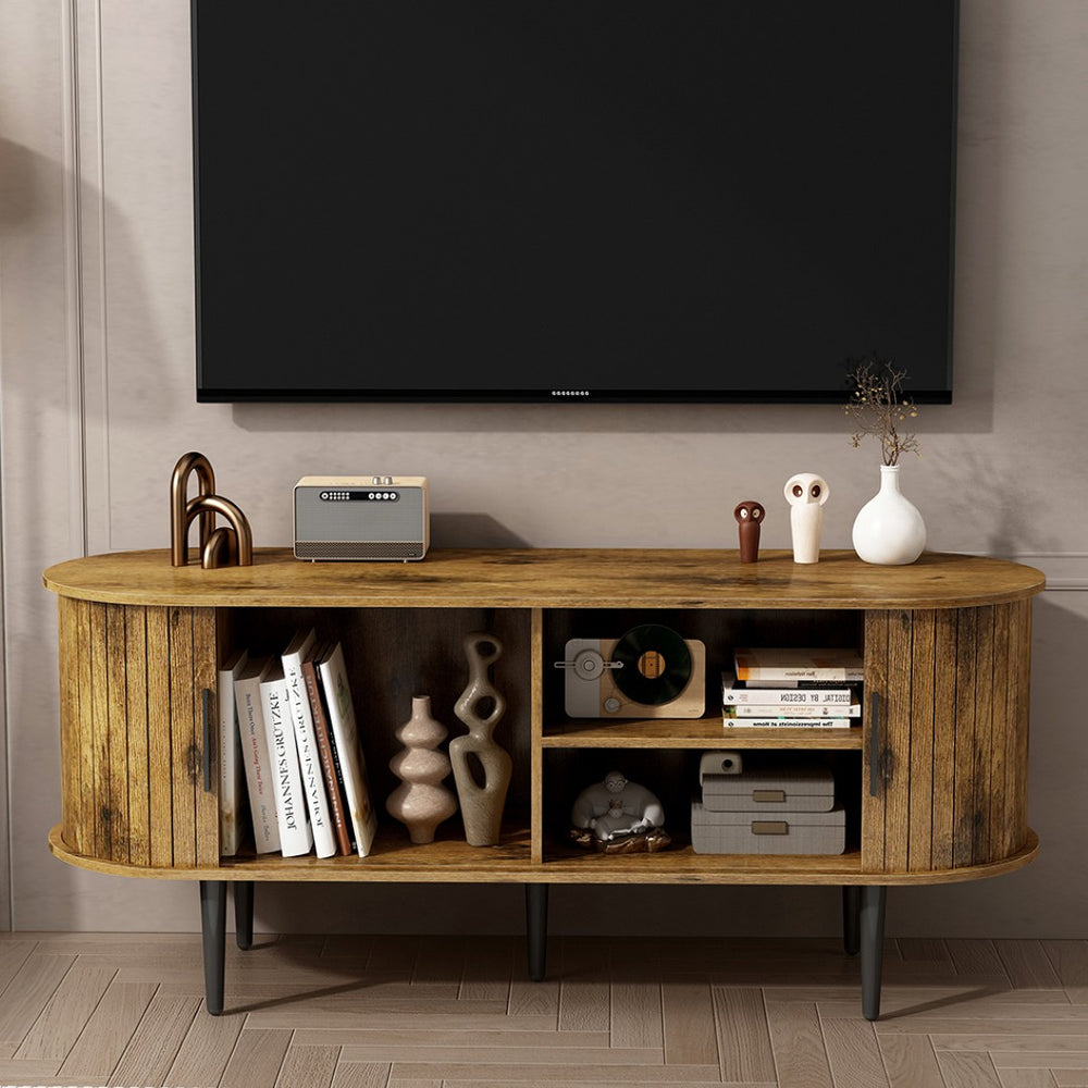 English Elm Tv Console with Sliding Door Fluted Mid-century Cabinet Woodgrain Media Storage Stand Brown W2641P499658