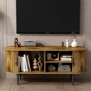 English Elm Tv Console with Sliding Door Fluted Mid-century Cabinet Woodgrain Media Storage Stand Brown W2641P499658