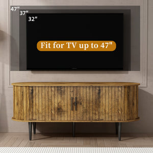 English Elm Tv Console with Sliding Door Fluted Mid-century Cabinet Woodgrain Media Storage Stand Brown W2641P499658