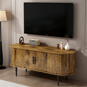 English Elm Tv Console with Sliding Door Fluted Mid-century Cabinet Woodgrain Media Storage Stand Brown W2641P499658