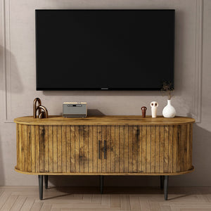 English Elm Tv Console with Sliding Door Fluted Mid-century Cabinet Woodgrain Media Storage Stand Brown W2641P499658