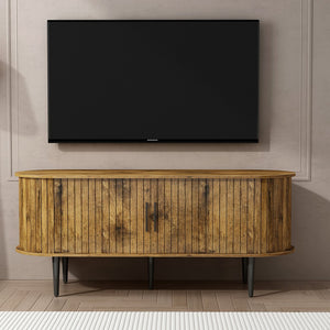 English Elm Tv Console with Sliding Door Fluted Mid-century Cabinet Woodgrain Media Storage Stand Brown W2641P499658