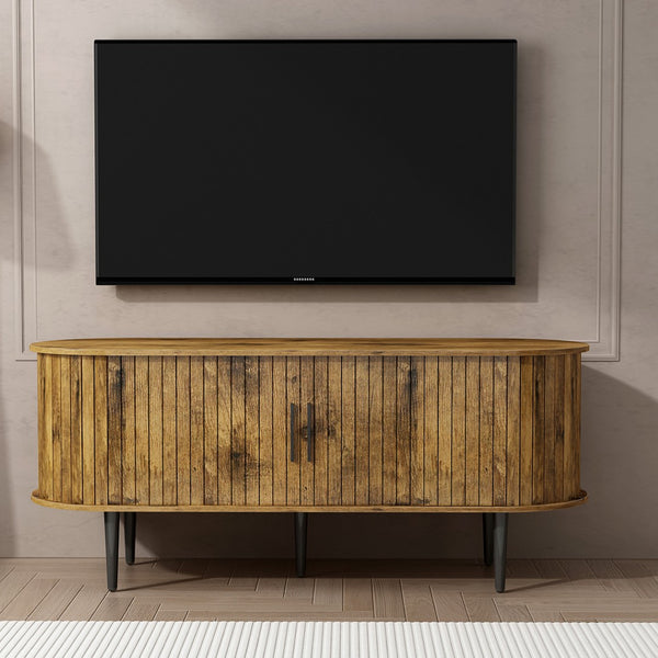 English Elm Tv Console with Sliding Door Fluted Mid-century Cabinet Woodgrain Media Storage Stand Brown W2641P499658