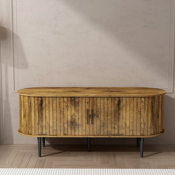 English Elm Tv Console with Sliding Door Fluted Mid-century Cabinet Woodgrain Media Storage Stand Brown W2641P499658
