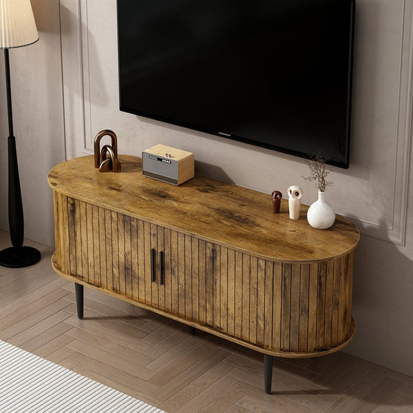 English Elm Tv Console with Sliding Door Fluted Mid-century Cabinet Woodgrain Media Storage Stand Brown W2641P499658