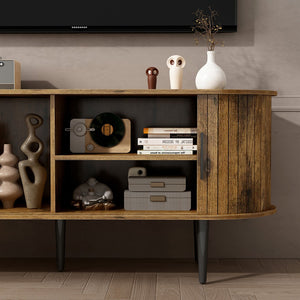 English Elm Tv Console with Sliding Door Fluted Mid-century Cabinet Woodgrain Media Storage Stand Brown W2641P499658