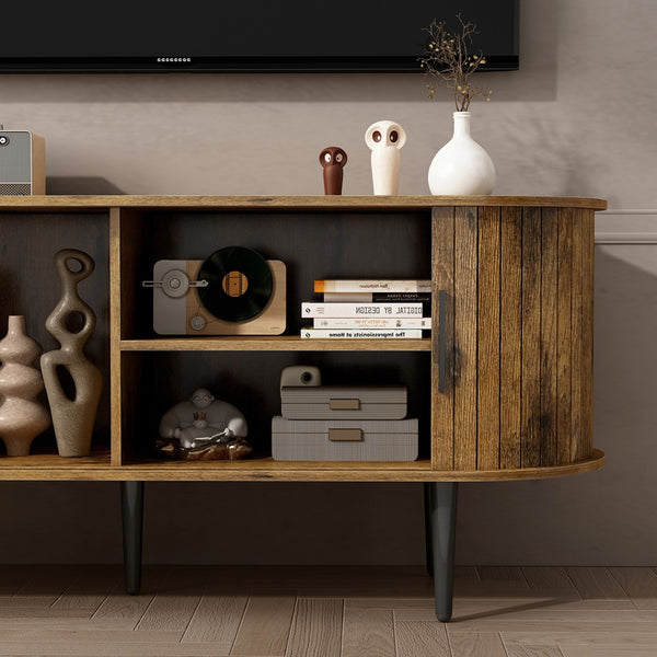 English Elm Tv Console with Sliding Door Fluted Mid-century Cabinet Woodgrain Media Storage Stand Brown W2641P499658