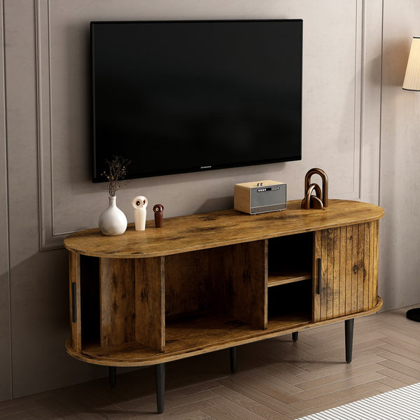 English Elm Tv Console with Sliding Door Fluted Mid-century Cabinet Woodgrain Media Storage Stand Brown W2641P499658
