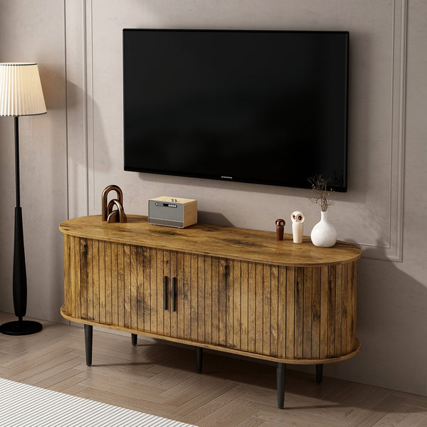 English Elm Tv Console with Sliding Door Fluted Mid-century Cabinet Woodgrain Media Storage Stand Brown W2641P499658