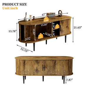 English Elm Tv Console with Sliding Door Fluted Mid-century Cabinet Woodgrain Media Storage Stand Brown W2641P499658