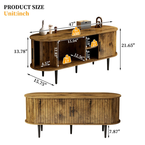 English Elm Tv Console with Sliding Door Fluted Mid-century Cabinet Woodgrain Media Storage Stand Brown W2641P499658