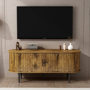 English Elm Tv Console with Sliding Door Fluted Mid-century Cabinet Woodgrain Media Storage Stand Brown W2641P499658