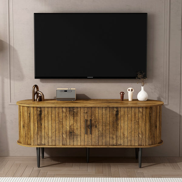 English Elm Tv Console with Sliding Door Fluted Mid-century Cabinet Woodgrain Media Storage Stand Brown W2641P499658