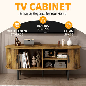 English Elm Tv Console with Sliding Door Fluted Mid-century Cabinet Woodgrain Media Storage Stand Brown W2641P499658