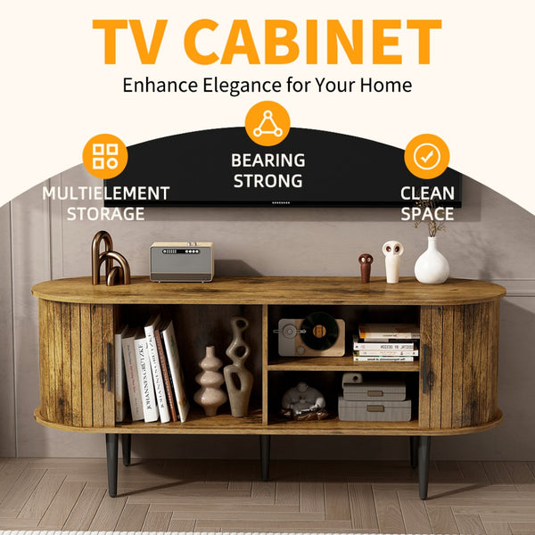 English Elm Tv Console with Sliding Door Fluted Mid-century Cabinet Woodgrain Media Storage Stand Brown W2641P499658
