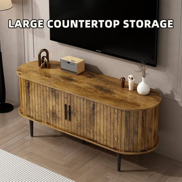 English Elm Tv Console with Sliding Door Fluted Mid-century Cabinet Woodgrain Media Storage Stand Brown W2641P499658