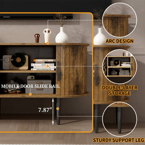 English Elm Tv Console with Sliding Door Fluted Mid-century Cabinet Woodgrain Media Storage Stand Brown W2641P499658