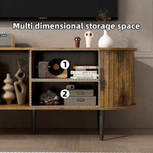 English Elm Tv Console with Sliding Door Fluted Mid-century Cabinet Woodgrain Media Storage Stand Brown W2641P499658