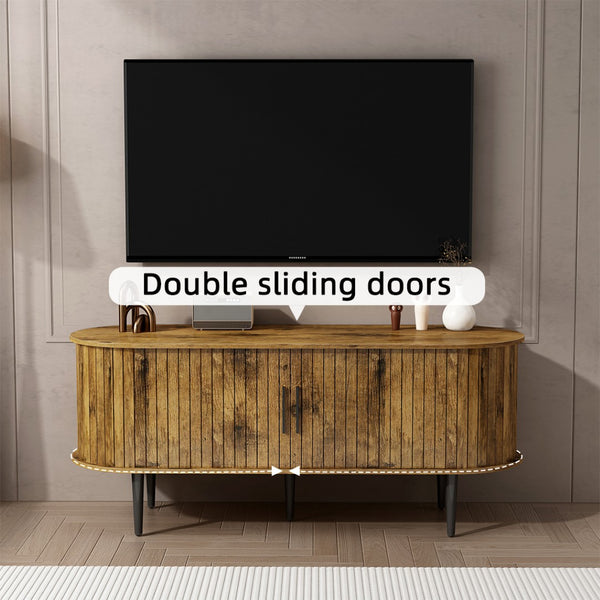English Elm Tv Console with Sliding Door Fluted Mid-century Cabinet Woodgrain Media Storage Stand Brown W2641P499658