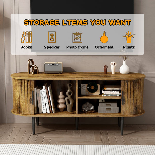 English Elm Tv Console with Sliding Door Fluted Mid-century Cabinet Woodgrain Media Storage Stand Brown W2641P499658
