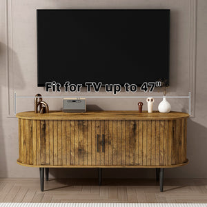 English Elm Tv Console with Sliding Door Fluted Mid-century Cabinet Woodgrain Media Storage Stand Brown W2641P499658