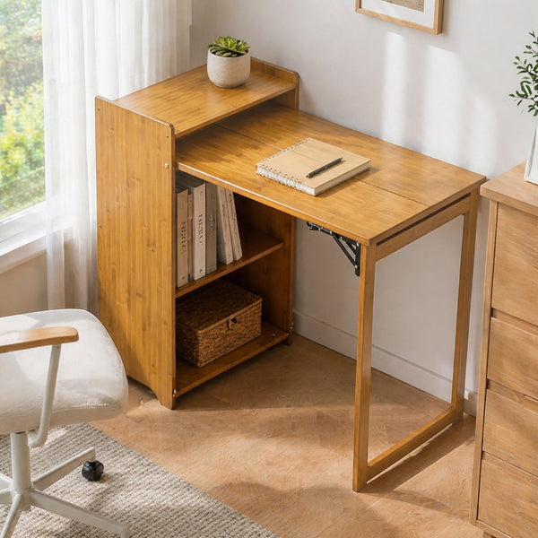 English Elm Bamboo Folding Writing Desk with Built-in Shelving for Small Space Home Office Use Brown W2641P499710