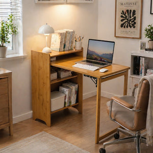 English Elm Bamboo Folding Writing Desk with Built-in Shelving for Small Space Home Office Use Brown W2641P499710