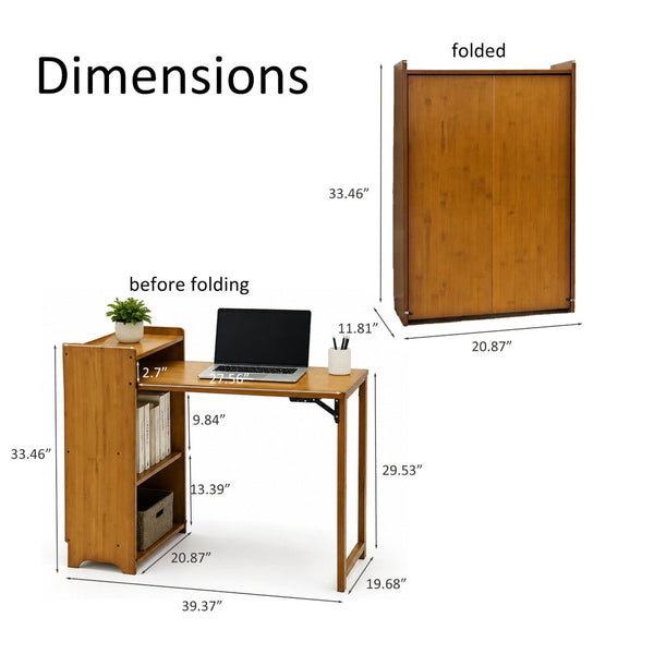 English Elm Bamboo Folding Writing Desk with Built-in Shelving for Small Space Home Office Use Brown W2641P499710