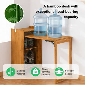 English Elm Bamboo Folding Writing Desk with Built-in Shelving for Small Space Home Office Use Brown W2641P499710